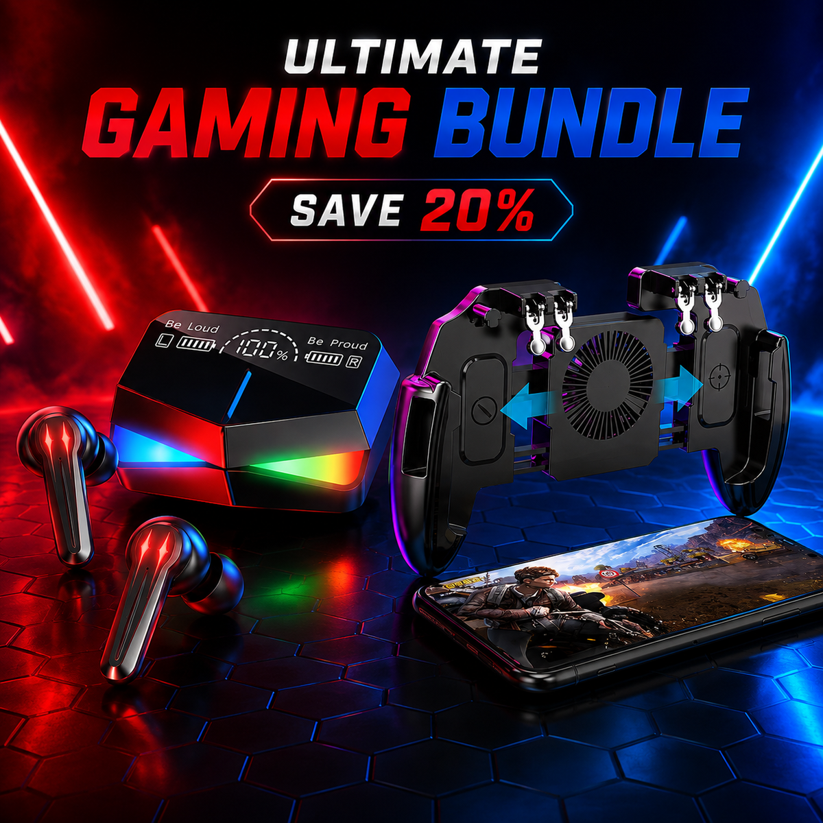 6-Finger Mobile Gaming Controller with Cooling Fan & Wireless Headphones